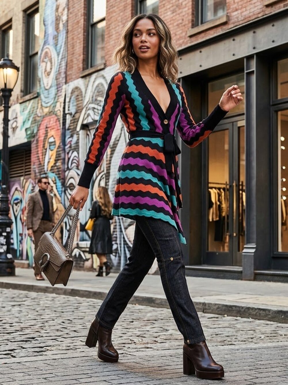 Vintage Coogi Zig Zag Flare Sweater Dress Tunic Cardigan M